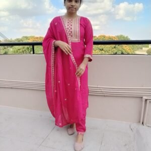 Embroidered Georgette Kurti Set with Pant & Dupatta