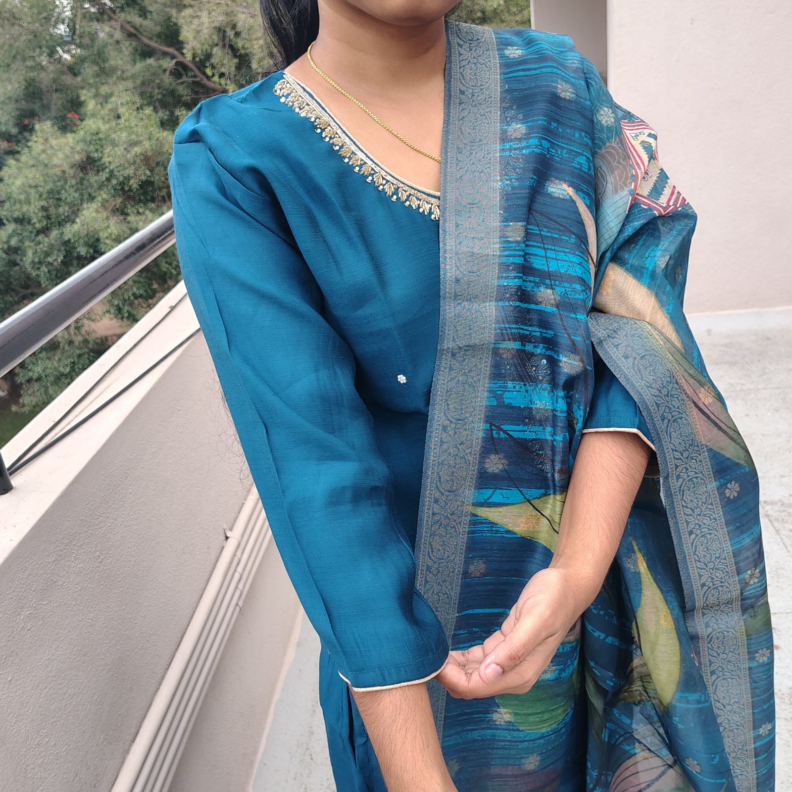 Hand-Embroidered Kurti Set with Pant & Dupatta - Image 3