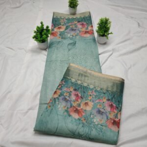 Pastel Green Linen Blend Saree with Digital Floral Print